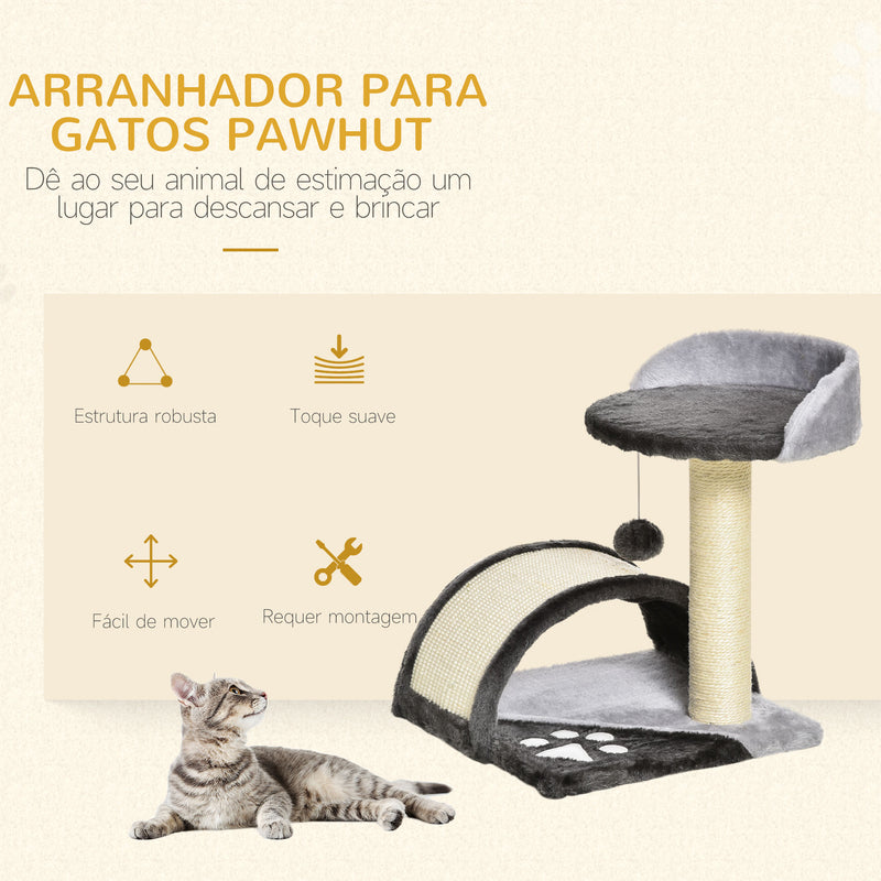 Árvore Arranhador para Gatos Pequena Altura 46 cm de 2 Níveis com Poste e Tapete de Arranhar Cama e Bola Suspensa 35,5x37x46 cm Cinza