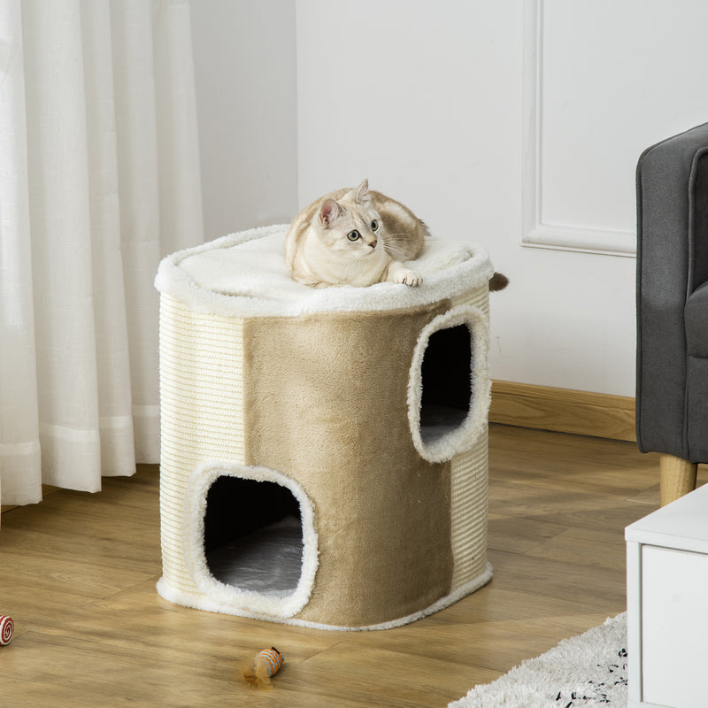 Barril Arranhador para Gatos de 2 Níveis com Caverna de Sisal Pelúcia Suave e Plataforma de Velo 40x40x49cm Bege