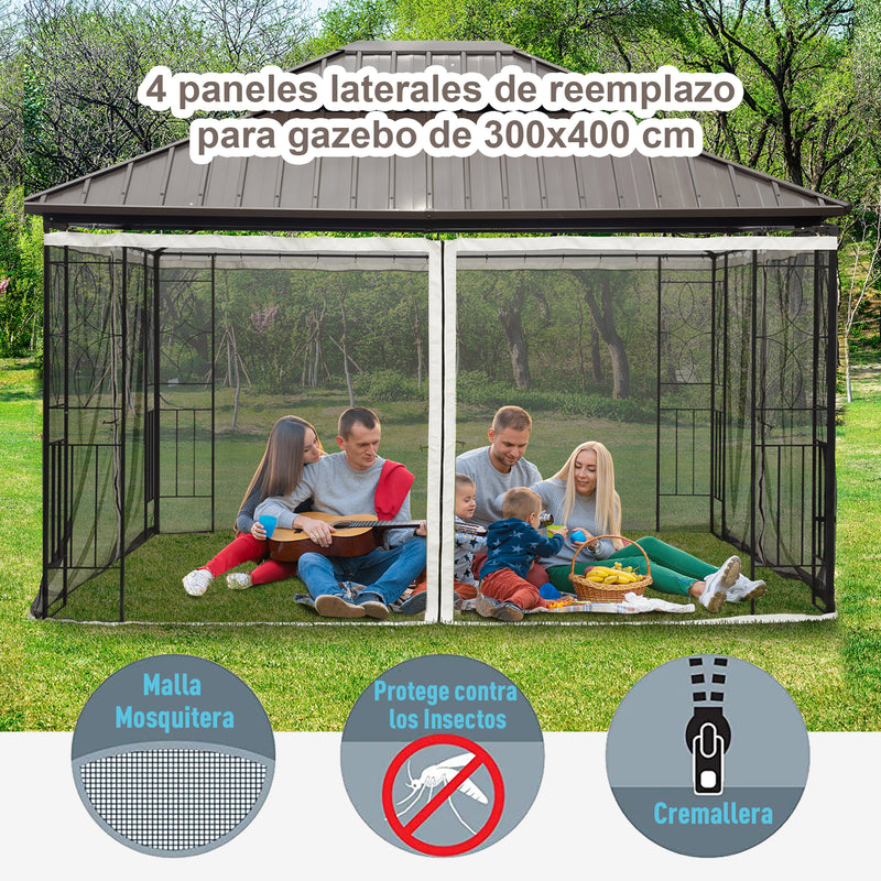 4 Painéis Laterais 352x207 cm para Tenda de Jardim Mosquiteira para Gazebo Gazebo com Zíperes e Anéis Preto