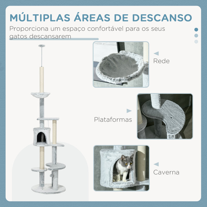 Arranhador para Gatos de 255 cm Torre para Gatos de Teto com Altura Ajustável Caverna Plataformas Rede Postes de Arranhar e Bolas Suspensas Ø60x225-255 cm Cinza