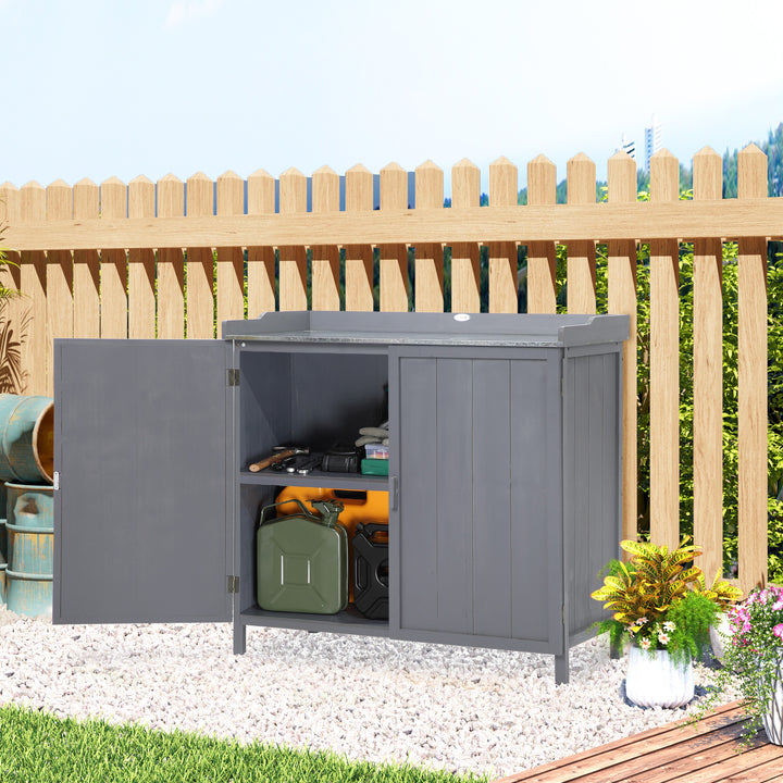 Armário de Jardim de Madeira com Mesa de Plantação Armário de Exterior com 2 Portas com Fechadura Magnética e 2 Prateleiras para Terraço Balcão 98x48x95,5cm Cinza