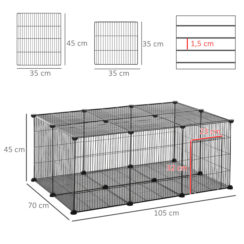 Parque de animais de estimação DIY Gaiola para pequenos animais de 22 painéis de malha de metal com porta 105x70x45 cm preto