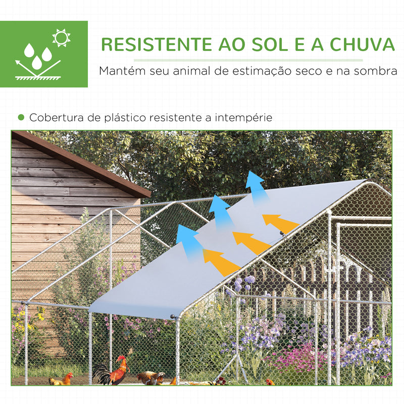 Galinheiro de Exterior Grande 3x6x2m Gaiola para 12-18 Galinhas de Aço Galvanizado com Teto de PE e Fechadura para Coelhos Prata