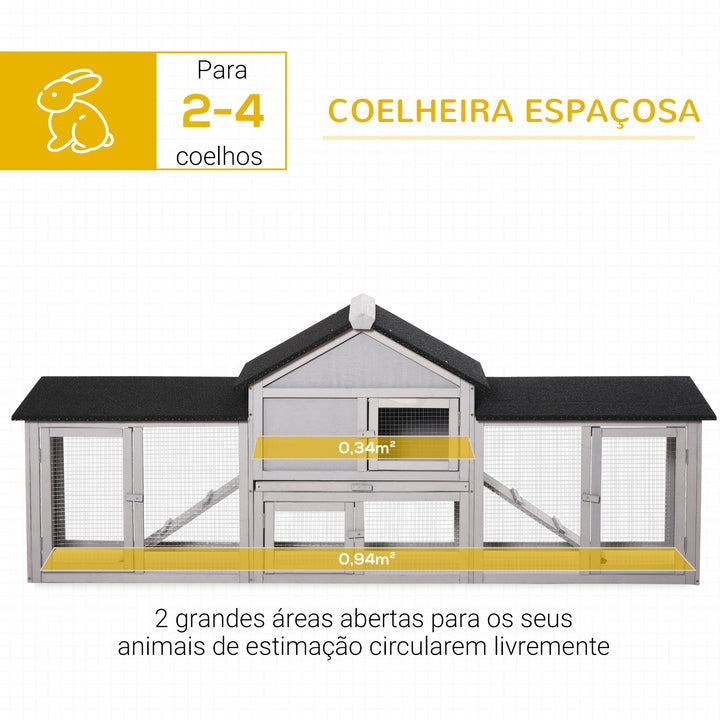 Coelheira de Exterior Grande Gaiola de Madeira para 2-4 Coelhos com Teto Asfáltico Recinto de Arame Bandeja Removível e Rampas 210x45,5x84,5cm Cinza e Preto