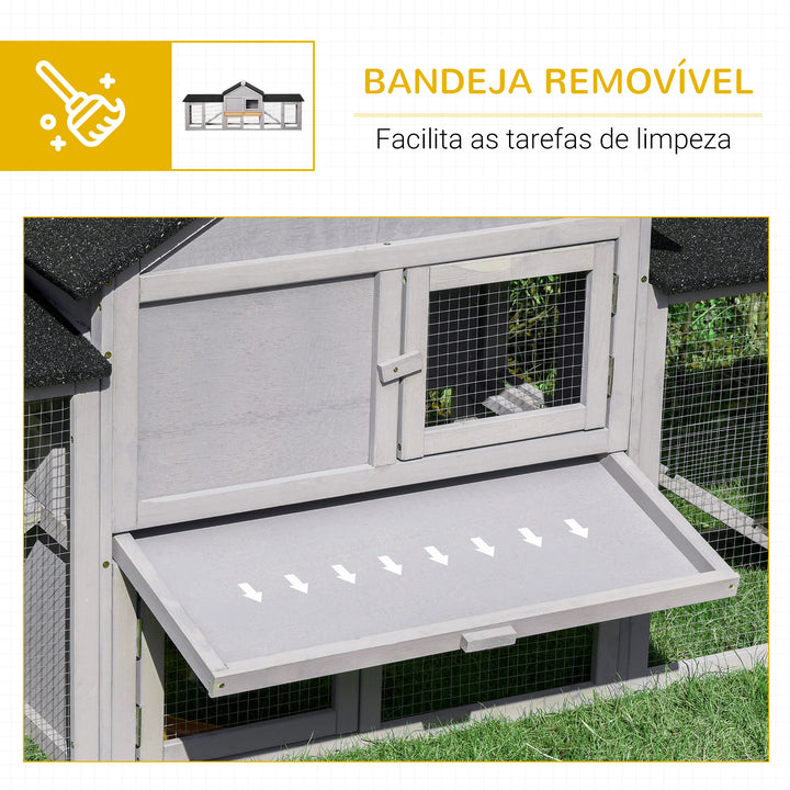 Coelheira de Exterior Grande Gaiola de Madeira para 2-4 Coelhos com Teto Asfáltico Recinto de Arame Bandeja Removível e Rampas 210x45,5x84,5cm Cinza e Preto
