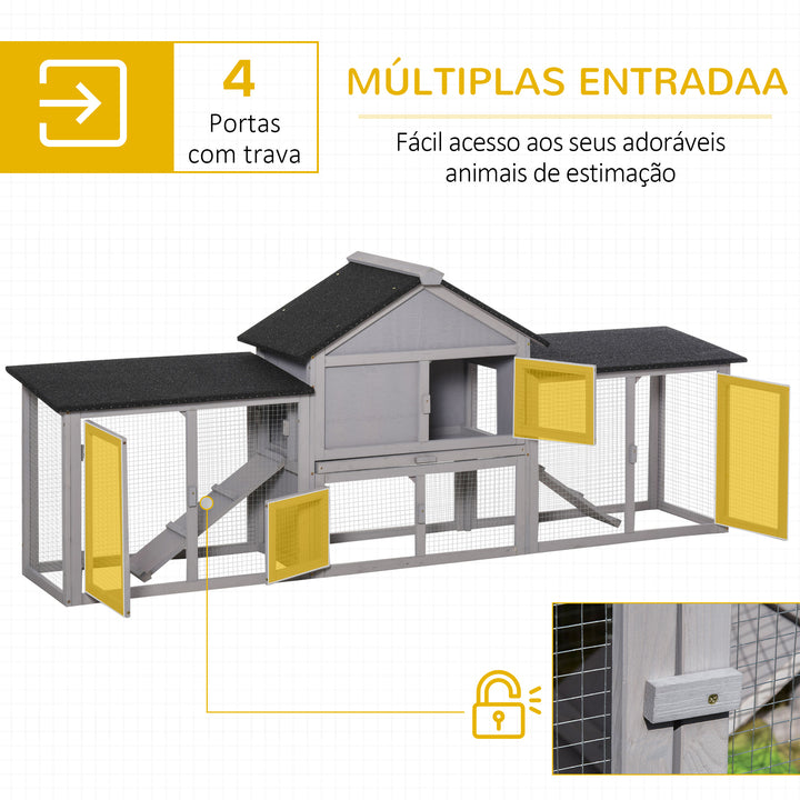 Coelheira de Exterior Grande Gaiola de Madeira para 2-4 Coelhos com Teto Asfáltico Recinto de Arame Bandeja Removível e Rampas 210x45,5x84,5cm Cinza e Preto