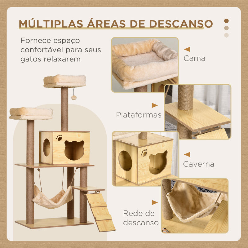 Arranhador para Gatos Altura 130 cm Torre para Gatos com Poste de Arranhar de Juta 2 Camas Rede Caverna Bola Suspensa Rede e Rampa 60x40x130 cm Madeira