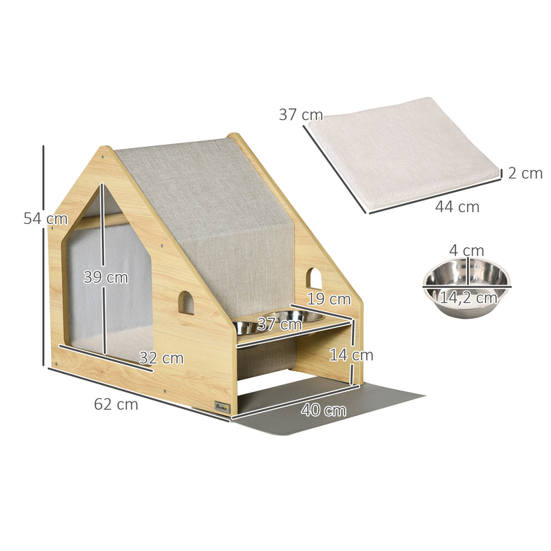 Casa para Cães de Madeira Casa de Interior para Cães com Comedouro 2 Tigelas de Aço Inoxidável e Almofada Suave Removível 62x40x54cm Carvalho e Cinza