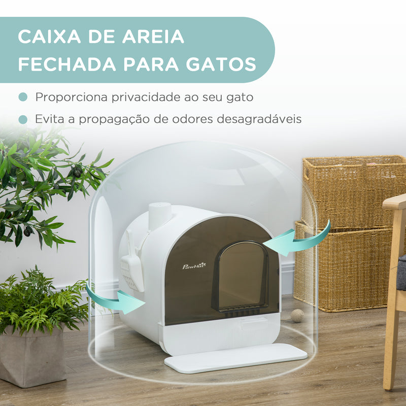 Caixa de Areia para Gatos Caixa de Areia Fechada para Gatos com Porta Dianteira Bandeja Removível Pá Tapete e Filtro 43x44x47cm Branco