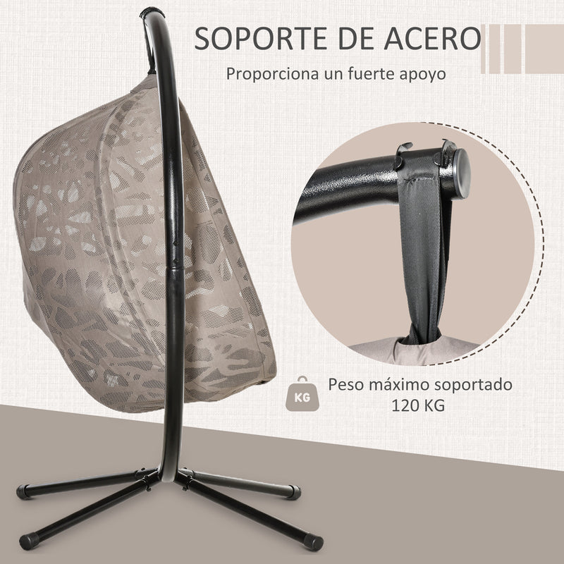 Poltrona Suspensa com Suporte de Aço Poltrona Suspensa com Cesto Dobrável e Almofadas para Interior e Exterior 126x96x172cm Cor Areia