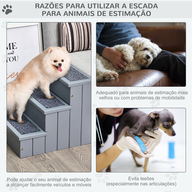 Escada para Animais de Estimação com 3 Degraus Espaço de Armazenamento e Tapete Antiderrapante Portátil Carga Máxima 30 kg 40,5x44,5x38 cm Cinza