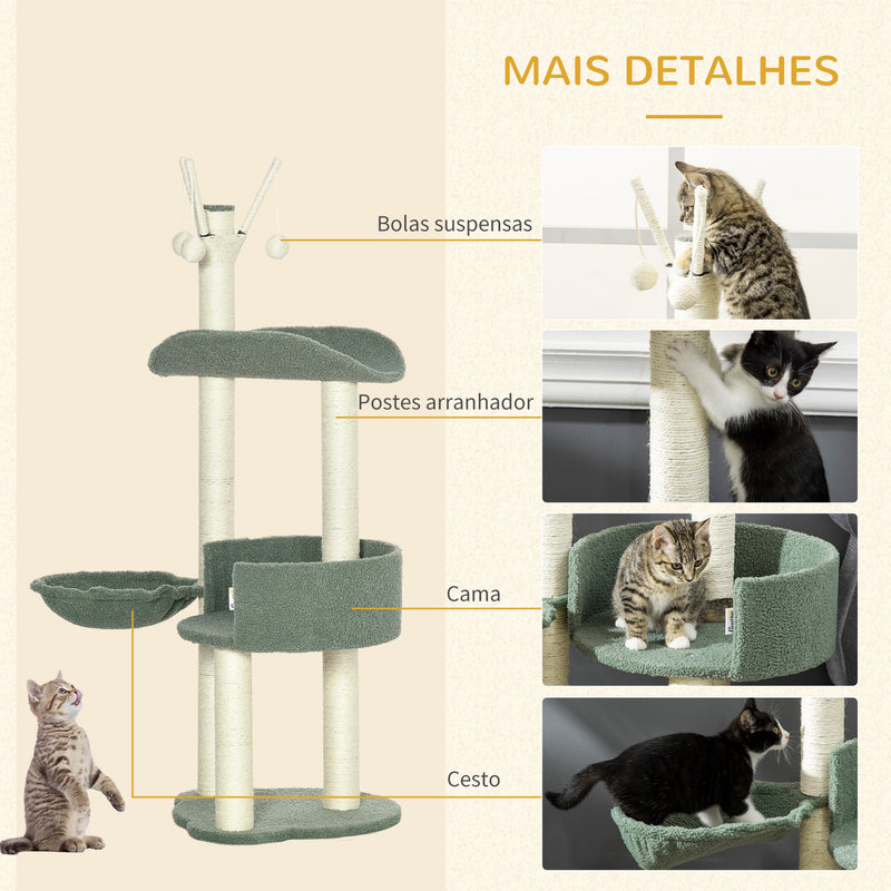 Árvore Arranhador para Gatos Torre para Gatos Altura 123cm com Rede Cama Postes de Sisal e Bola de Brincar 44x43x123cm Verde e Creme