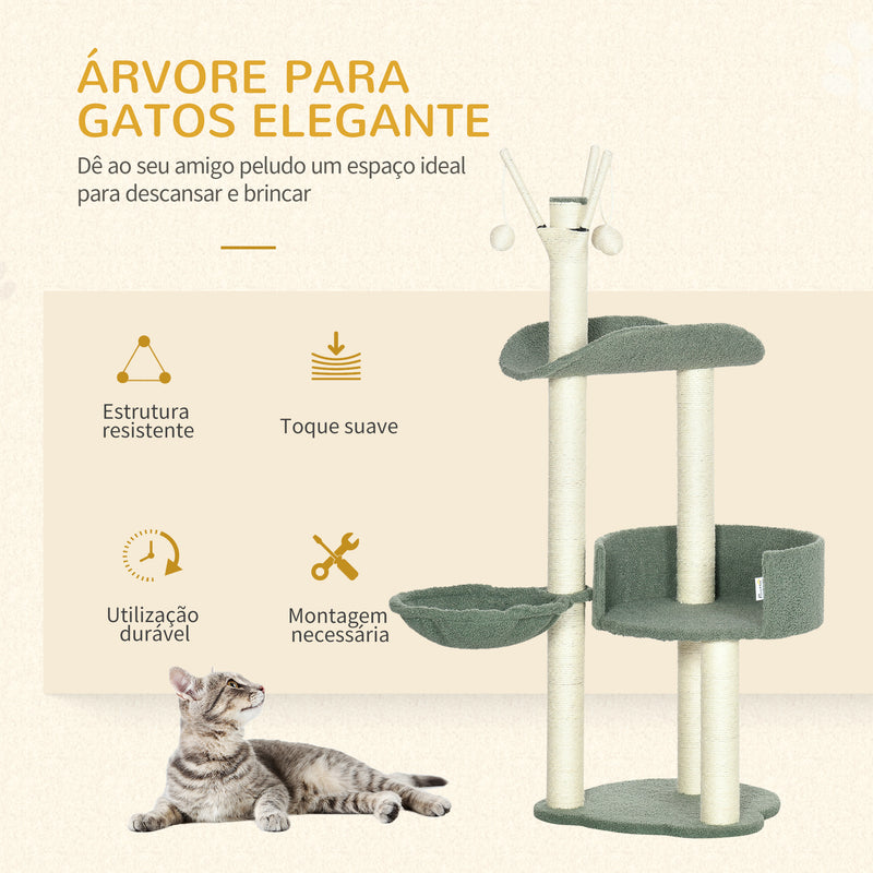 Árvore Arranhador para Gatos Torre para Gatos Altura 123cm com Rede Cama Postes de Sisal e Bola de Brincar 44x43x123cm Verde e Creme