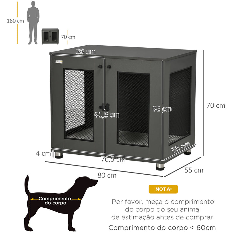 Gaiola para Cães Médios Mesa Auxiliar com 2 Portas Trava Almofada de Tecido Oxford Amovível Grades de Aço Gaiola para Cães de Interior 80x55x70cm Cinza