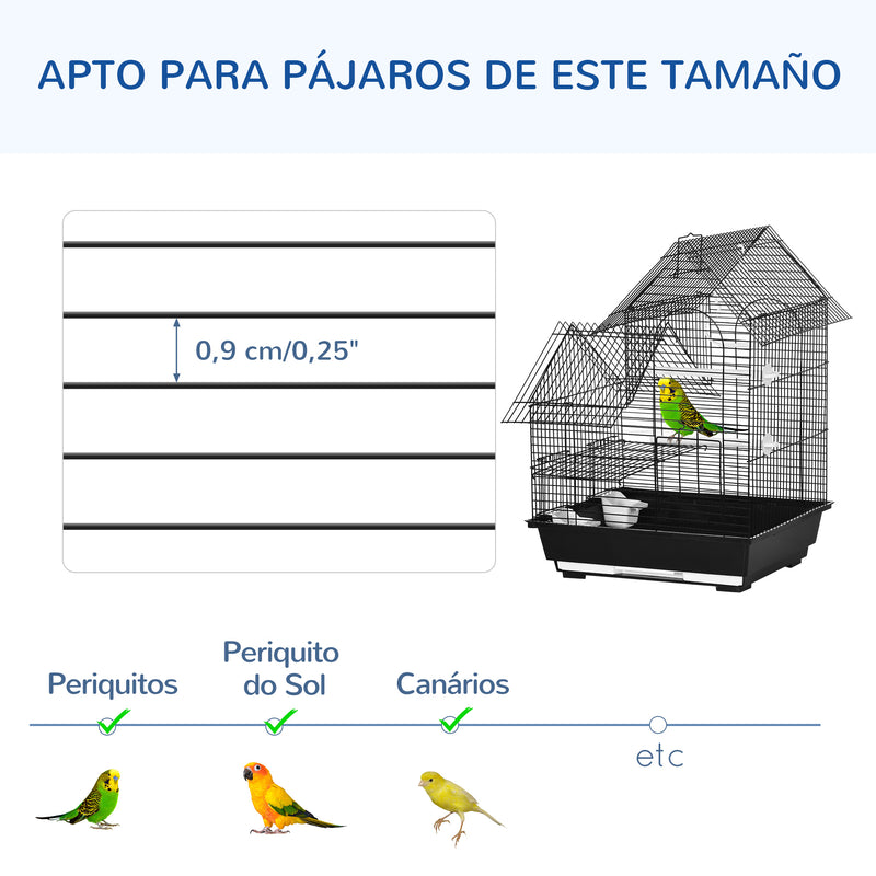 Gaiola para Pássaros 39x33x47cm Gaiola para Pássaros de Metal com 3 Portas 2 Comedouros 2 Poleiros Baloiço Bandeja Amovível e Alça de Transporte para Canários Periquitos Preto