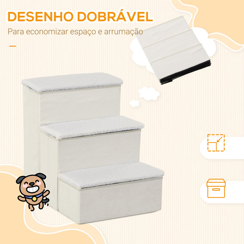 Escada para Animais de Estimação de 3 Degraus Dobrável com Tampa e Espaço de Armazenamento Escada para Cães Gatos Pequenos para Cama Sofá 40x54x48cm Branco