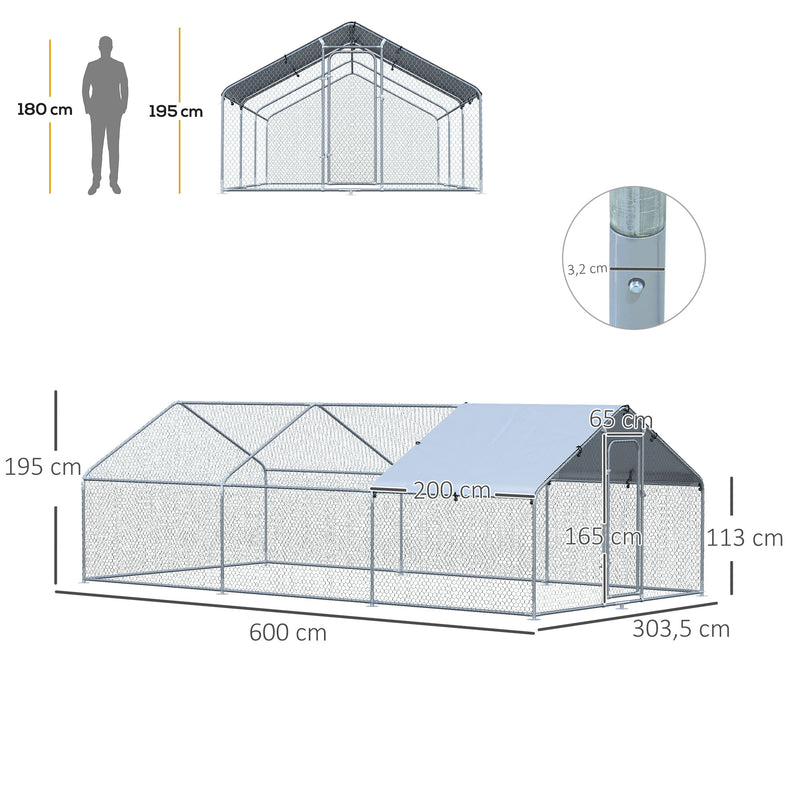 Galinheiro de Exterior Grande 3,03x6x1,95m Gaiola de Metal Galvanizado para Galinhas Coelhos Aves com Fechadura e Cobertura de Tecido de Oxford Prata