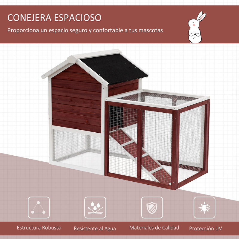 Coelheira de Madeira Exterior de 2 Níveis Gaiola para Coelhos Animais Pequenos com Zona Aberta Teto Asfáltico Bandeja Removível e Rampa 122x62,6x92cm Vermelho