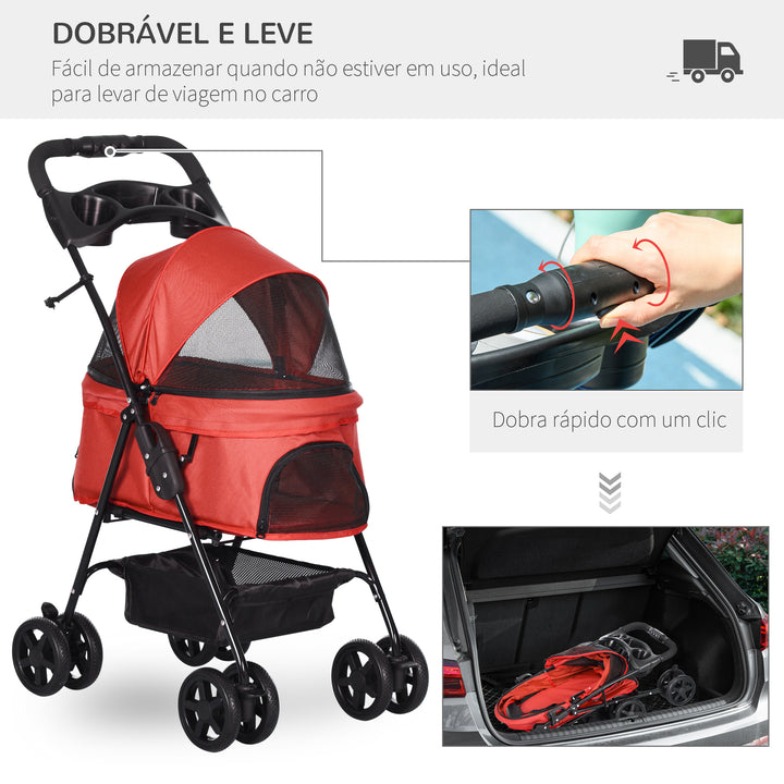Carrinho para para animais de estimação dobrável e removível em aço tecido Oxford rodas giratórias freios Janela para gatos pequenos Cães 67x45x96 cm Vermelho
