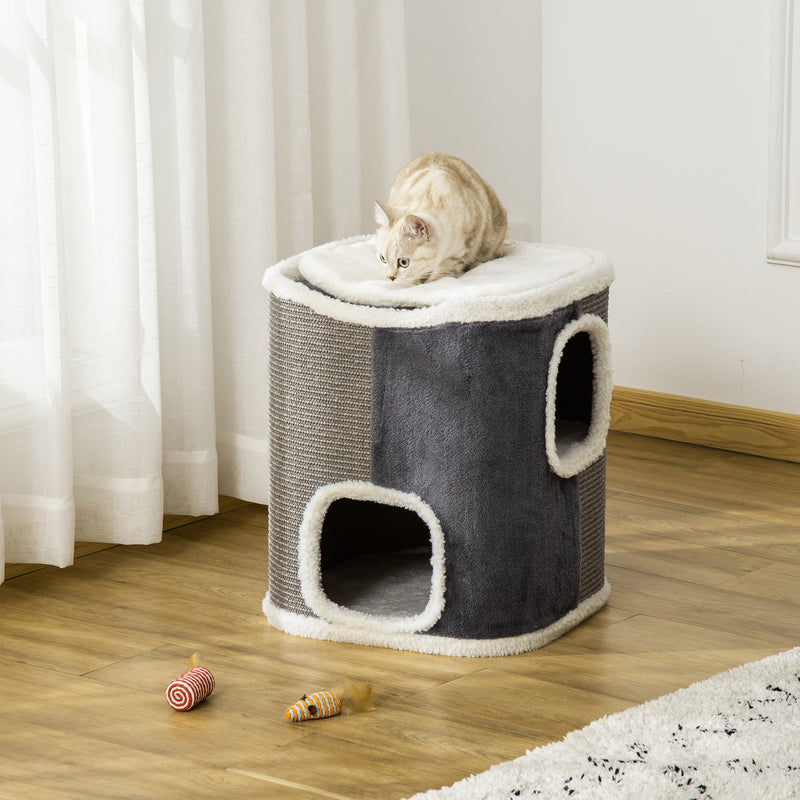 Barril Arranhador para Gatos de 2 Níveis com Caverna de Sisal Pelúcia Suave e Plataforma de Velo 40x40x49cm Cinza