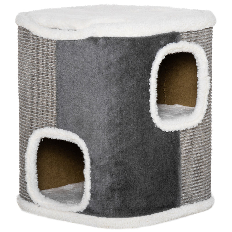 Barril Arranhador para Gatos de 2 Níveis com Caverna de Sisal Pelúcia Suave e Plataforma de Velo 40x40x49cm Cinza