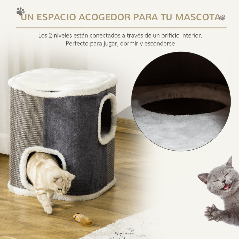 Barril Arranhador para Gatos de 2 Níveis com Caverna de Sisal Pelúcia Suave e Plataforma de Velo 40x40x49cm Cinza