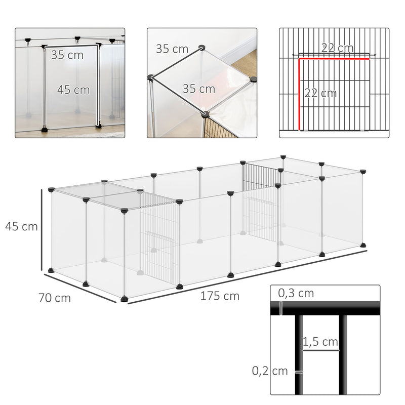 Recinto para Animais de Estimação DIY com 20 Painéis de Resina Parque para Pequenos Animais Recinto Modular para Porquinho da Índia Chinchilas 175x70x45 cm Branco Translúcido