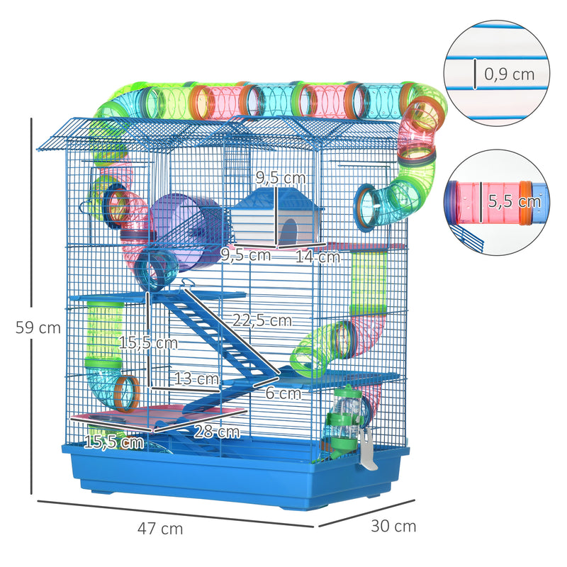 Gaiola de hamster multinível com plataformas domésticas 47x30x59 cm Azul