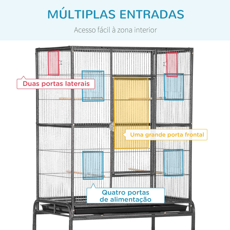 Gaiola para Pássaros com Rodas 81x48x162,5 cm Gaiola de Metal com Bandeja 4 Poleiros 4 Comedouros e Prateleira de Armazenamento para Canários Periquitos Preto e Cinza