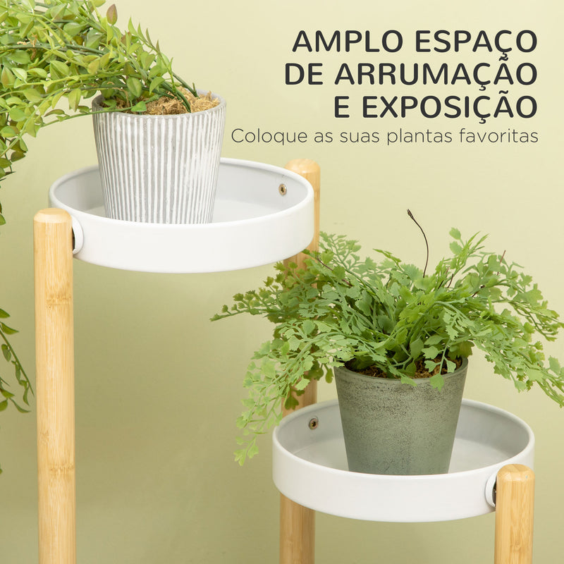 Suporte para Plantas Prateleira para Plantas com Pés de Bambu Estante para Flores com 4 Prateleiras Redondas Carga Máxima 20 kg para Interior e Exterior Ø28x80 cm Madeira e Branco