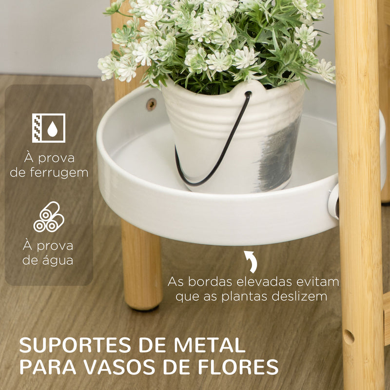 Suporte para Plantas Prateleira para Plantas com Pés de Bambu Estante para Flores com 4 Prateleiras Redondas Carga Máxima 20 kg para Interior e Exterior Ø28x80 cm Madeira e Branco