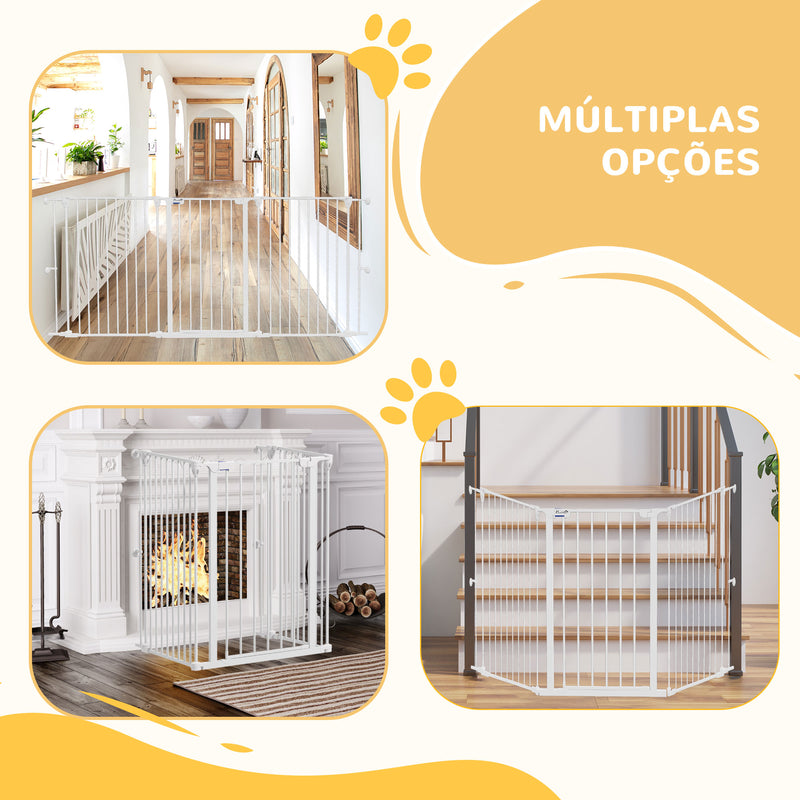 Barreira para Cães de Aço Barreira de Segurança para Animais de Estimação Dobrável de 3 Painéis Duplo Fechamento e Função de Bloqueio Auxiliar para Porta Escada 206x90 cm Branco