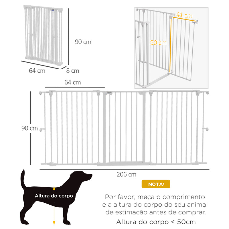 Barreira para Cães de Aço Barreira de Segurança para Animais de Estimação Dobrável de 3 Painéis Duplo Fechamento e Função de Bloqueio Auxiliar para Porta Escada 206x90 cm Branco