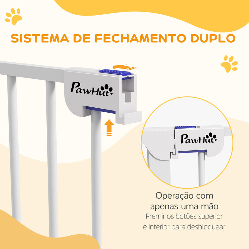 Barreira para Cães de Aço Barreira de Segurança para Animais de Estimação Dobrável de 3 Painéis Duplo Fechamento e Função de Bloqueio Auxiliar para Porta Escada 206x90 cm Branco