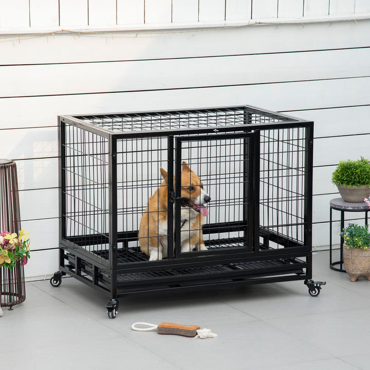 Jaula de Metal para Mascotes tipo Cão Grande com Rodas e Bandejas Removíveis - 92x62x75cm