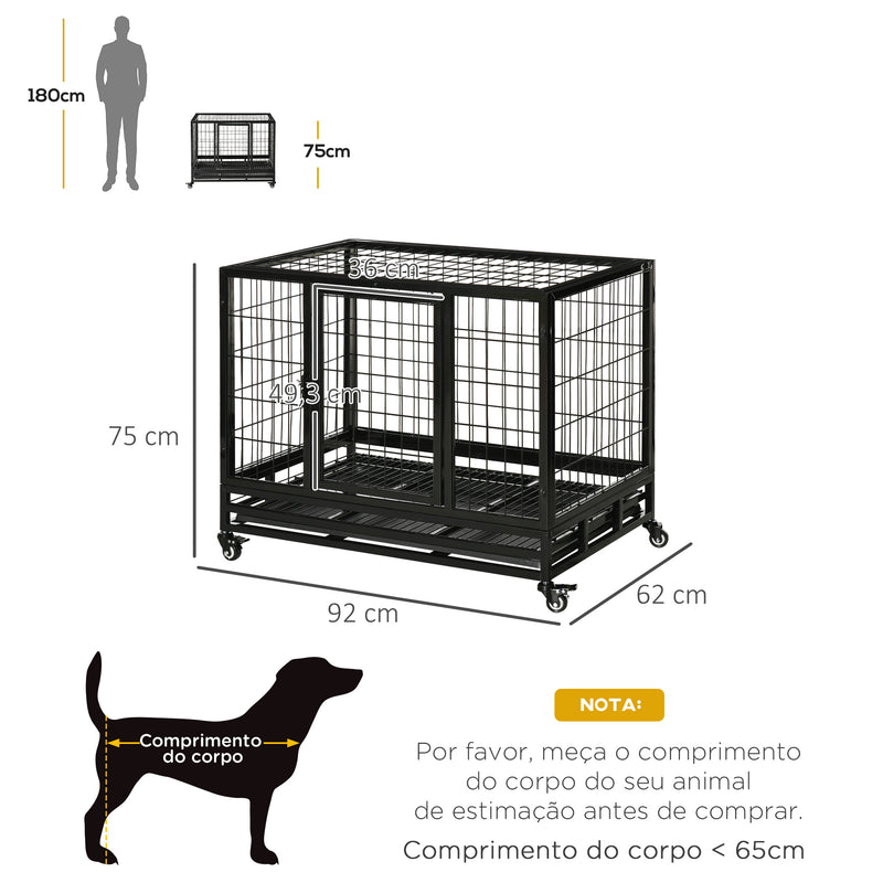 Jaula de Metal para Mascotes tipo Cão Grande com Rodas e Bandejas Removíveis - 92x62x75cm