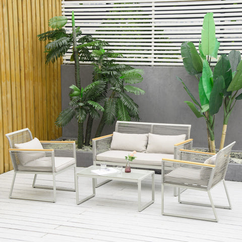 Conjunto de Móveis de Jardim Vime 4 Peças Sofá Duplo 2 Poltronas Individuais e Mesa de Centro com Vidro com Almofadas para Exterior Terraço Cinza