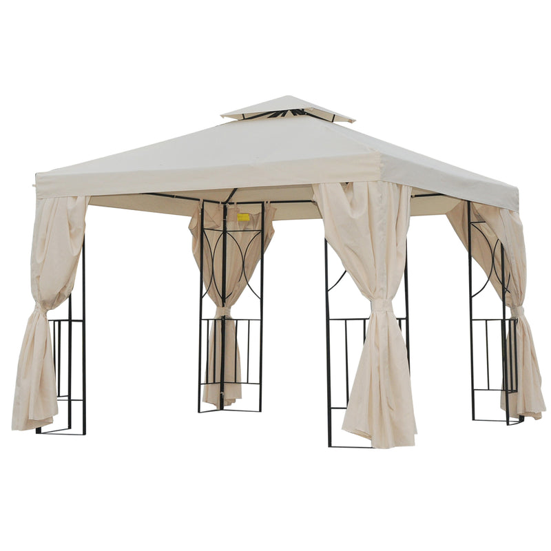 Gazebo de jardim Pavilhão de 3 x 3 m com 4 cortinas laterais removíveis com zíper, 8 orifícios de drenagem e telhado duplo bege