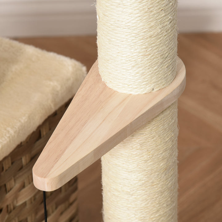 Árvore arranhador para gatos com plataformas, caverna, camas, bolas de jogo e postes de sisal 60x40x109 cm bege e marrom