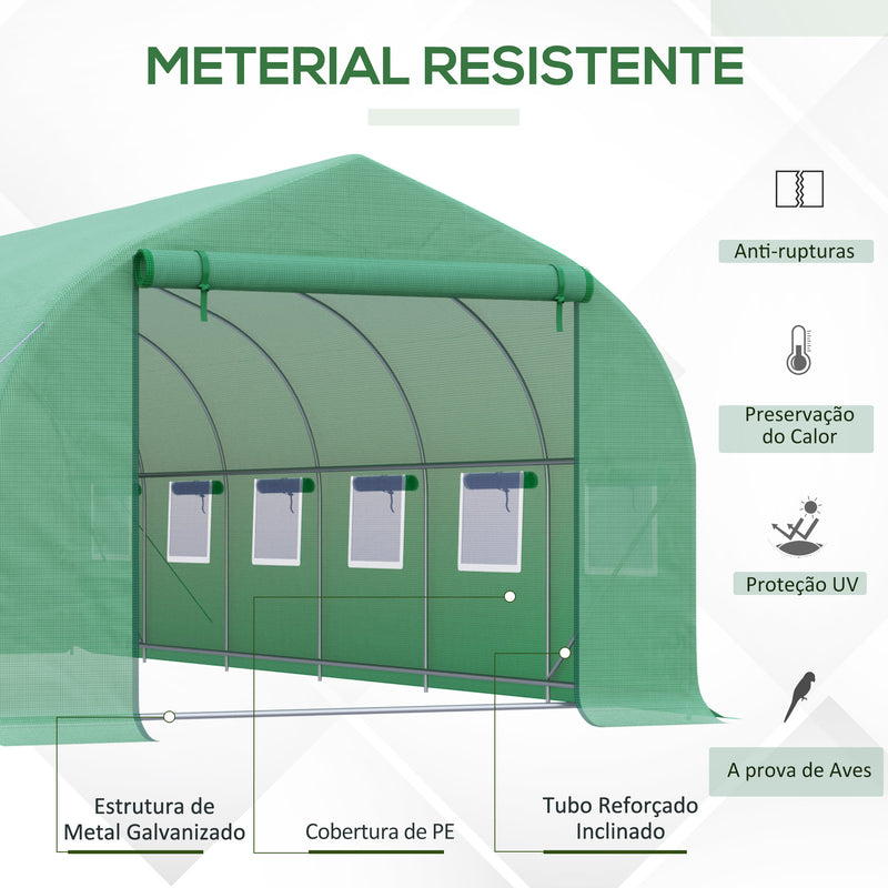 Estufa de Túnel 595x300x200cm Estufa de Jardim Grande com 12 Janelas e Porta Enrolável com Zíper para Cultivo de Plantas Verde