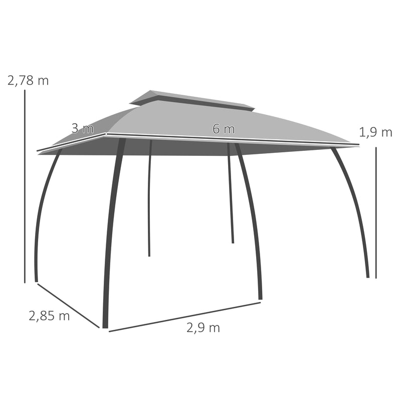 Pérgola de Jardim 3x6m Pérgola de Exterior com Teto Duplo 6 Telas Mosquiteiras com Zíper e Estrutura de Metal para Festas Eventos Pátio Cinza Escuro