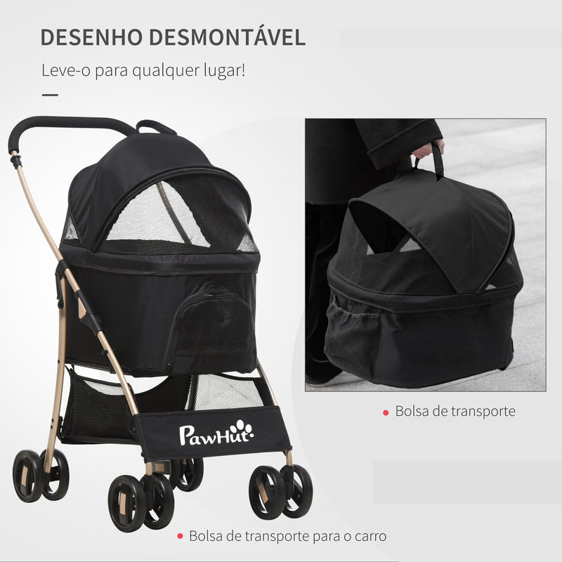 Carrinho para Animais de Estimação 3 em 1 Carrinho para Cães e Gatos Dobrável com Bolsa de Transporte Cesta de Armazenamento e Travão Tecido de Oxford 600D Carga Máxima 15kg 82x49,5x98cm Preto