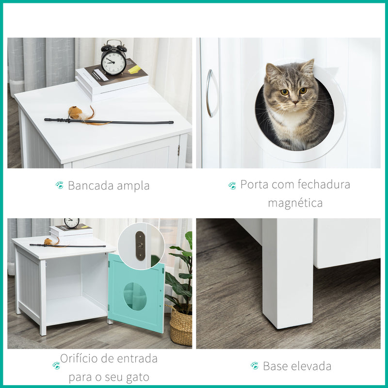 Casa para Gatos de Madeira Móvel para Caixa de Areia para Gatos 2 em 1 com Armário de Armazenamento Bancada Ampla Porta com Orifício de Entrada 51,5x48,2x51cm Branco