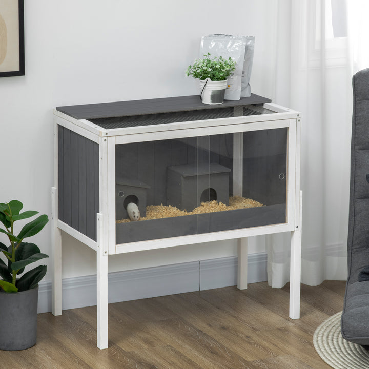 Gaiola para Hamster de Madeira 82x45x81cm Casa para Roedores com 2 Portas de Acrílico Prateleira Amovível 2 Casas para Animais Pequenos Cinza e Branco