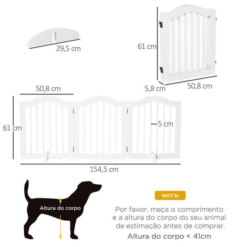 Barreira de Segurança Dobrável para Cães Pequenos Barreira de Proteção para Animais de Estimação com 3 Painéis e 2 Suportes para Portas Escadas Corredores 154,5x29,5x61 Branco