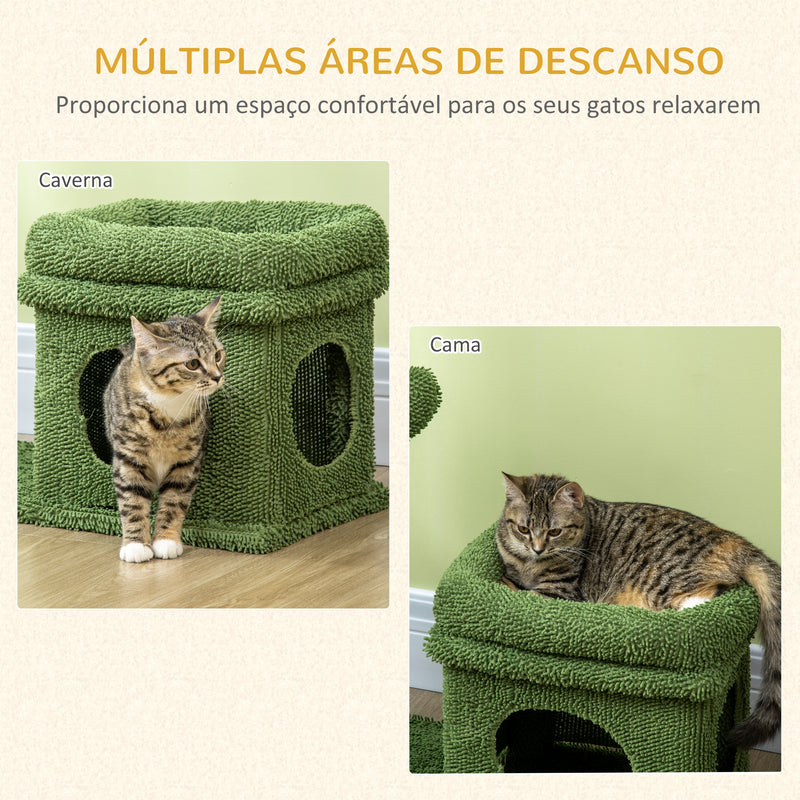 Árvore Arranhador para Gatos Desenho de Cacto Altura 83cm Torre para Gatos com Cama Casa de Pelúcia Poste de Sisal e Bola Suspensa 68x30x67cm Verde