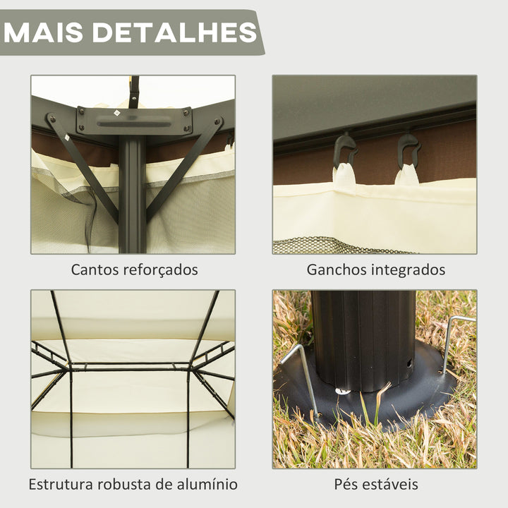 Pérgola de Jardim 4x3m Pérgola de Alumínio com Teto com Ventilação 4 Cortinas Laterais 4 Telas Mosquiteiras e 8 Orifícios de Drenagem para festas Eventos Exterior Creme