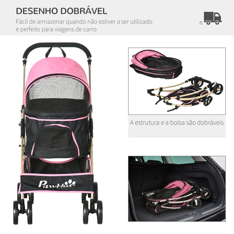 Carrinho para Animais de Estimação 3 em 1 Carrinho para Cães e Gatos Dobrável com Bolsa de Transporte Cesta de Armazenamento e Travão Tecido de Oxford 600D Carga Máxima 15kg 82x49,5x98 cm Rosa