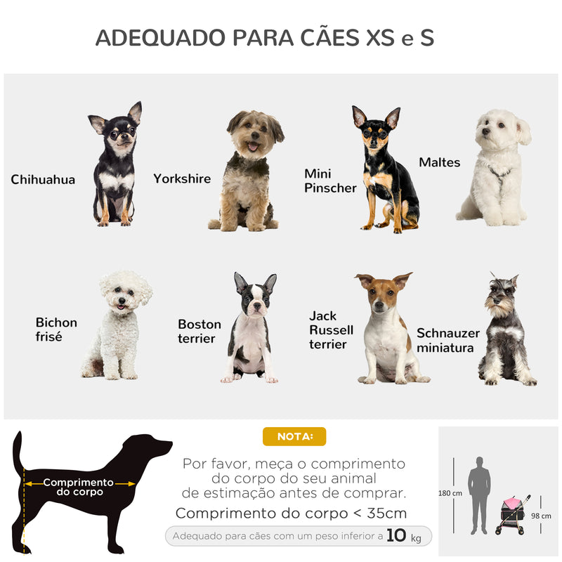 Carrinho para Animais de Estimação 3 em 1 Carrinho para Cães e Gatos Dobrável com Bolsa de Transporte Cesta de Armazenamento e Travão Tecido de Oxford 600D Carga Máxima 15kg 82x49,5x98 cm Rosa