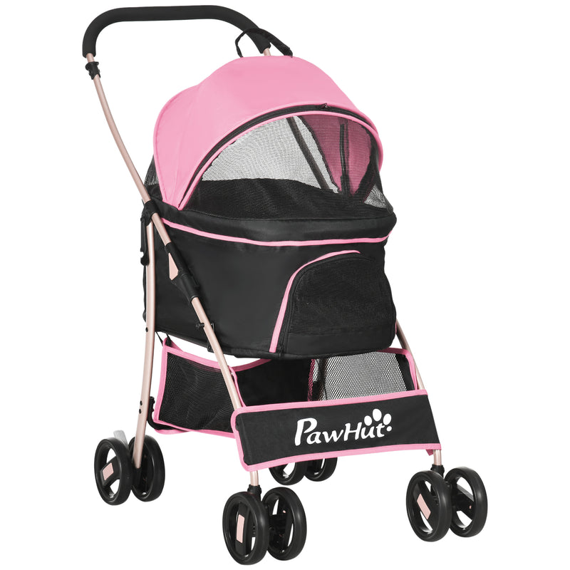 Carrinho para Animais de Estimação 3 em 1 Carrinho para Cães e Gatos Dobrável com Bolsa de Transporte Cesta de Armazenamento e Travão Tecido de Oxford 600D Carga Máxima 15kg 82x49,5x98 cm Rosa